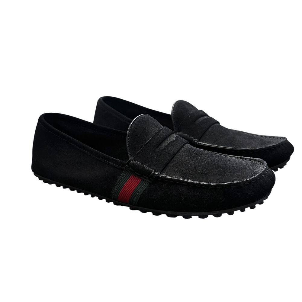 Gucci Men's Kanye Black Suede Web Stripe Drivers Loafers Moccasins 8.5 Italy